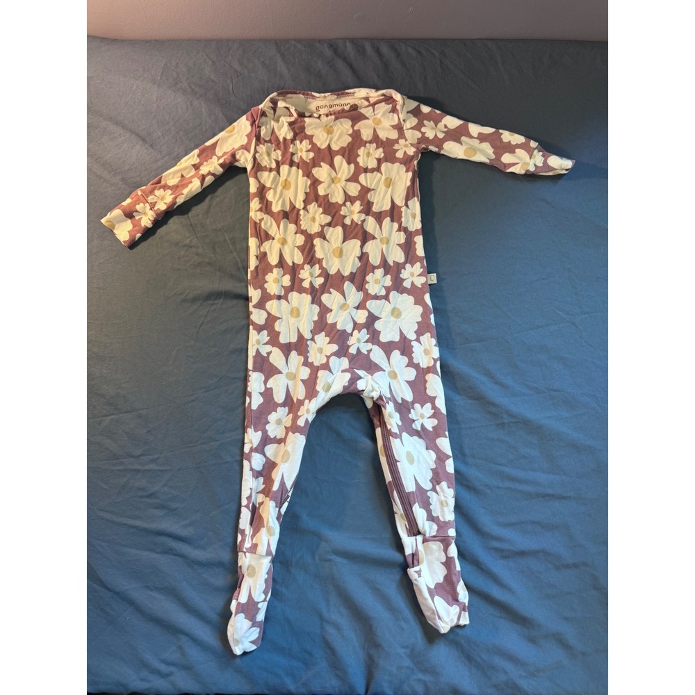 Gunamuna Bamboo Viscose Daisy Floral Footie Pajama Mauve White 9-12M